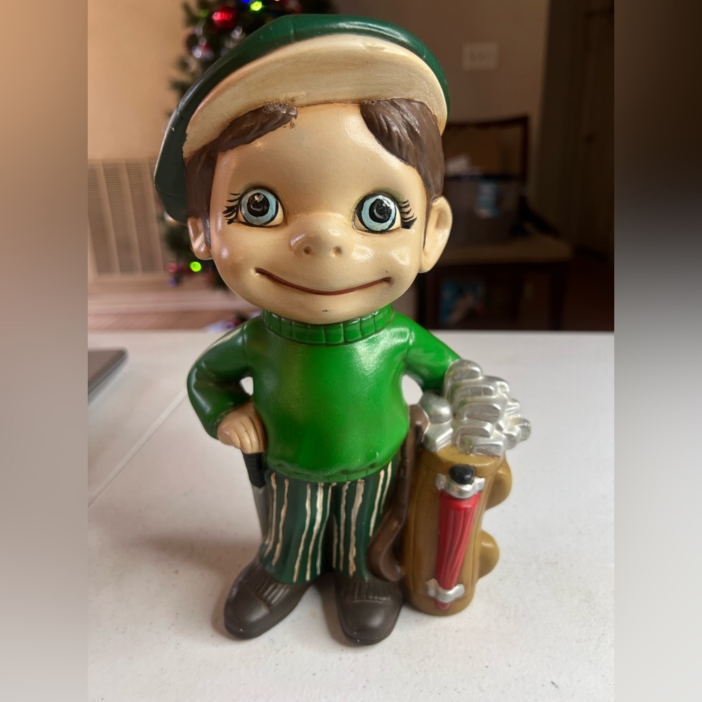 Vintage 1972 Atlantic Mold Co Golfer Boy Caddy Ceramic Statue Figurine